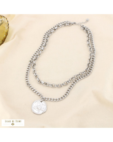 Collier double-chaînes médaillon rose des vents acier inoxydable CHRISTINA argenté