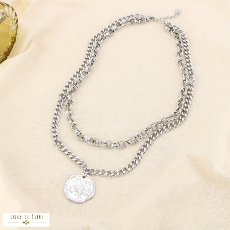 Collier double-chaînes médaillon rose des vents acier inoxydable CHRISTINA argenté