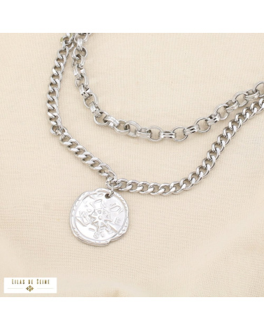 Collier double-chaînes médaillon rose des vents acier inoxydable CHRISTINA argenté