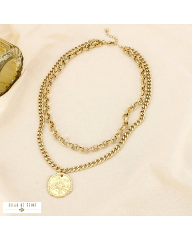 Collier double-chaînes médaillon rose des vents acier inoxydable CHRISTINA doré