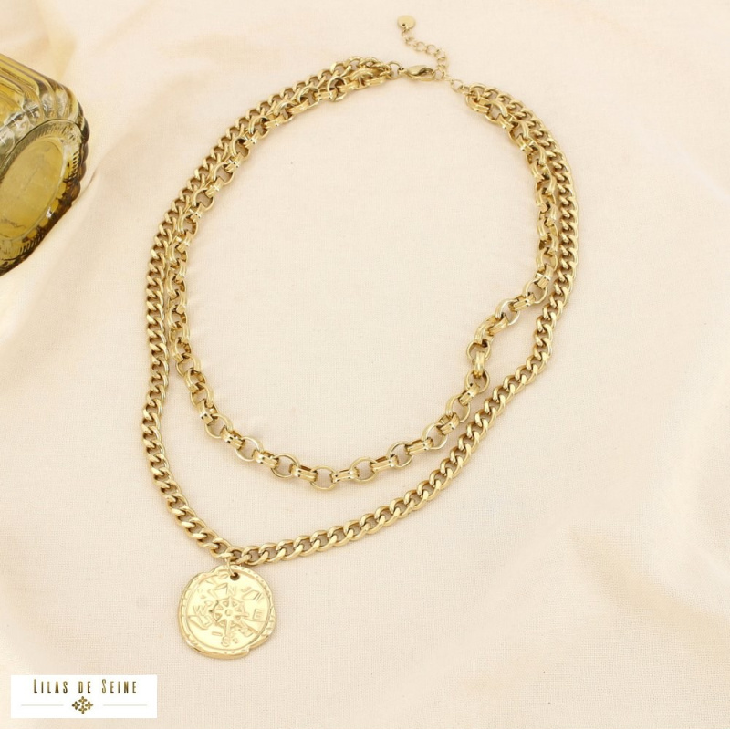 Collier double-chaînes médaillon rose des vents acier inoxydable CHRISTINA doré