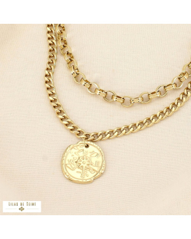 Collier double-chaînes médaillon rose des vents acier inoxydable CHRISTINA doré
