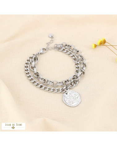 Bracelet double-chaînes médaillon rose des vents acier inoxydable CHRISTINA argenté