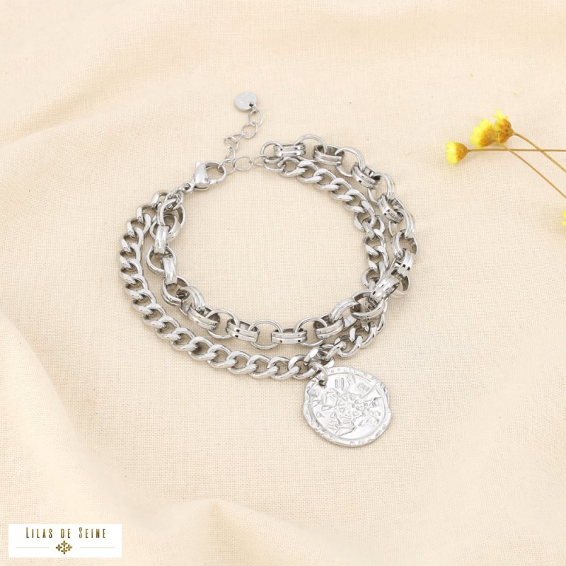 Bracelet double-chaînes médaillon rose des vents acier inoxydable CHRISTINA argenté