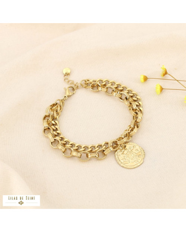 Bracelet double-chaînes médaillon rose des vents acier inoxydable CHRISTINA doré