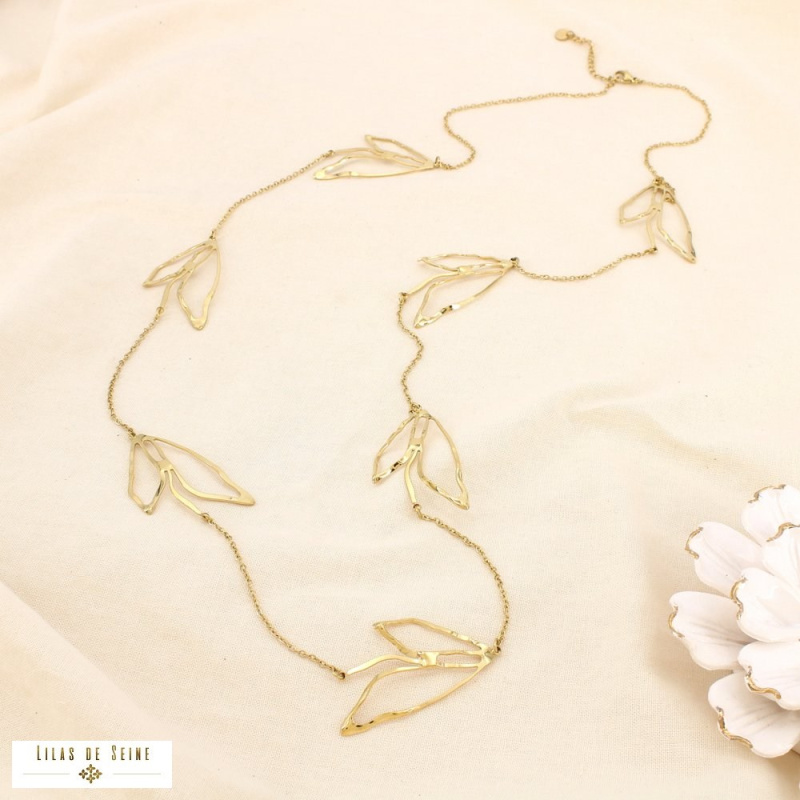 Sautoir feuilles ajourées acier inoxydable STEPHANIE doré