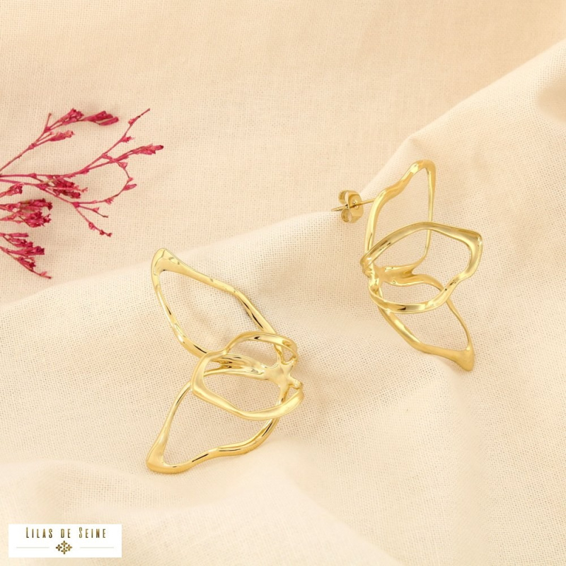 Boucles d’oreilles feuilles ajourées facier inoxydable STEPHANIE doré