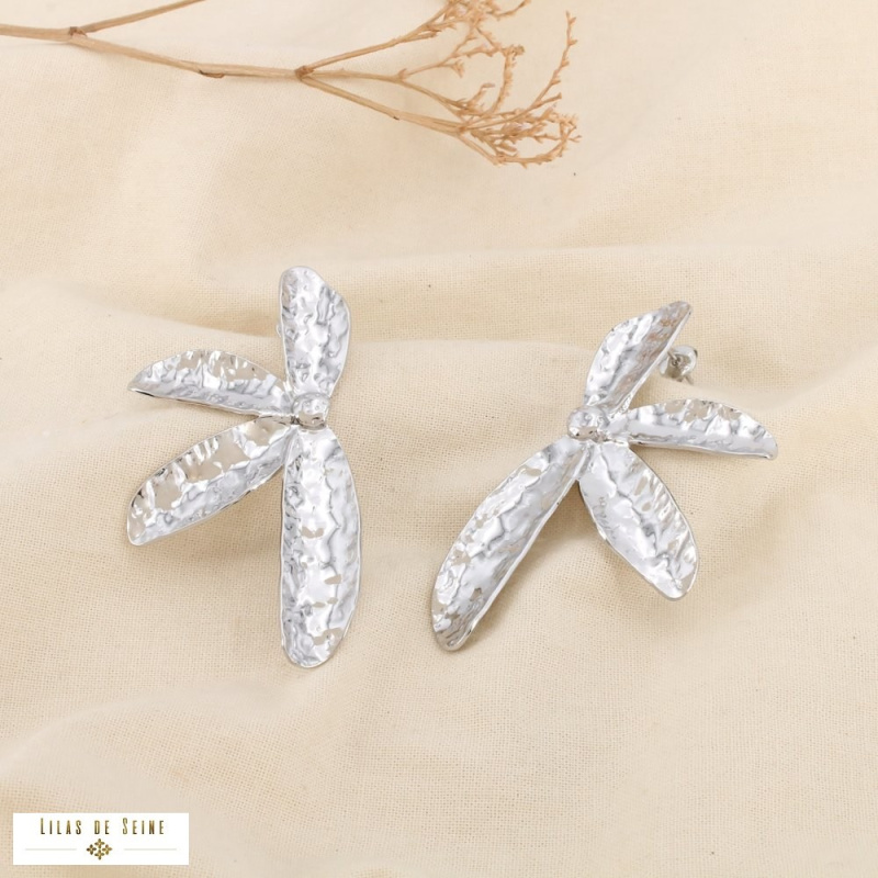 Boucles d’oreilles XXL fleur martelée acier inoxydable MICHELLE argenté