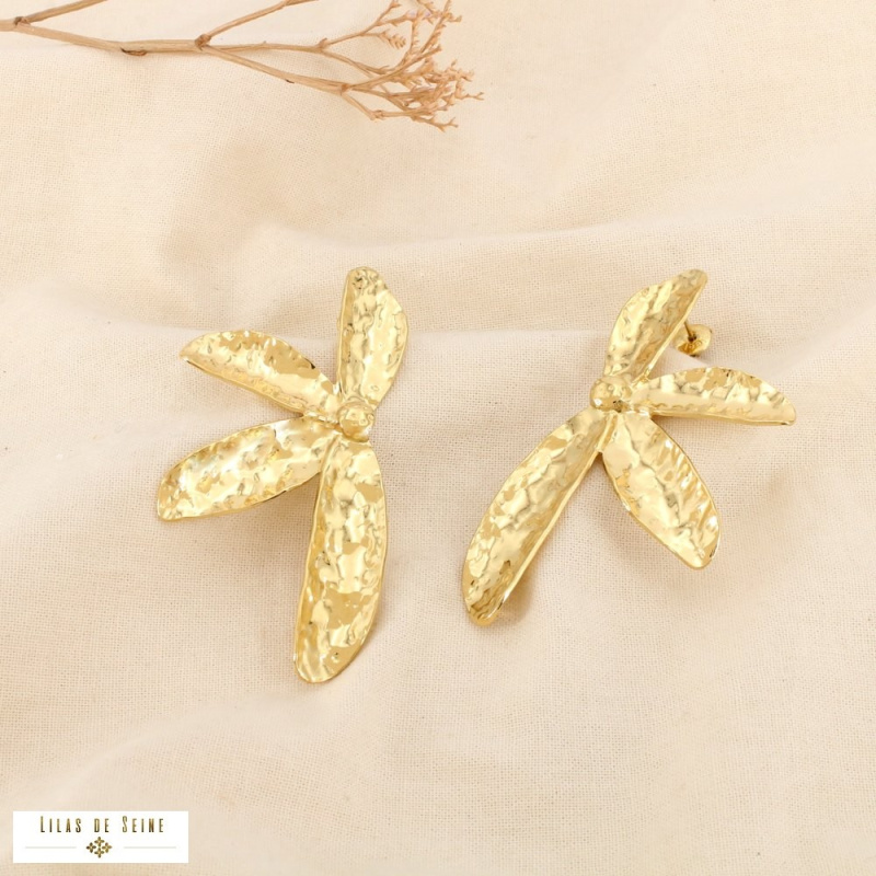 Boucles d’oreilles XXL fleur martelée acier inoxydable MICHELLE doré