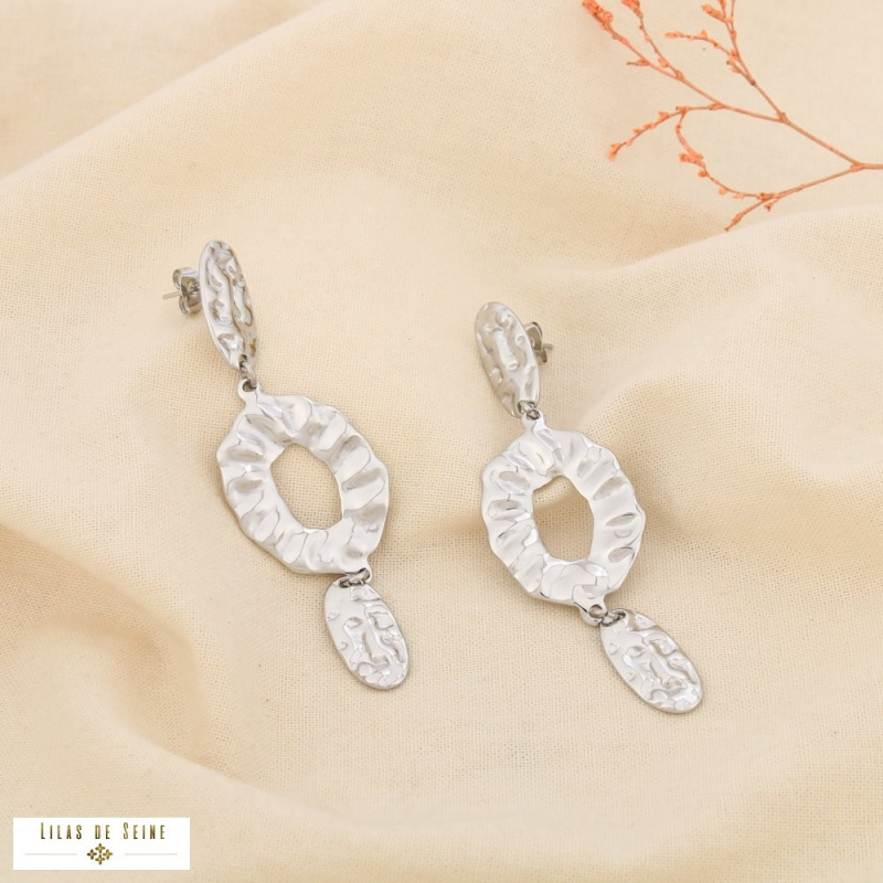 Boucles d’oreilles pendantes élégance martelée acier inoxydable NADINE argenté