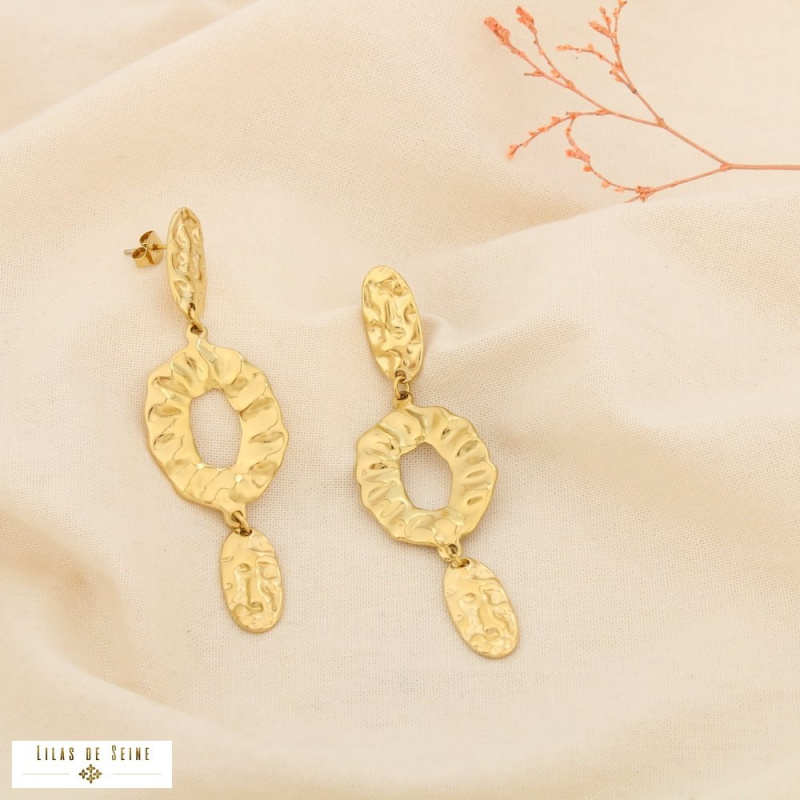 Boucles d’oreilles pendantes élégance martelée acier inoxydable NADINE doré