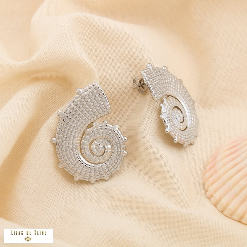 Boucles d’oreilles coquillage spiralé acier inoxydable MELODIE argenté