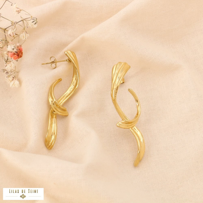 Boucles d’oreilles pendantes design torsadé acier inoxydable CAMILIA bleu turquoise