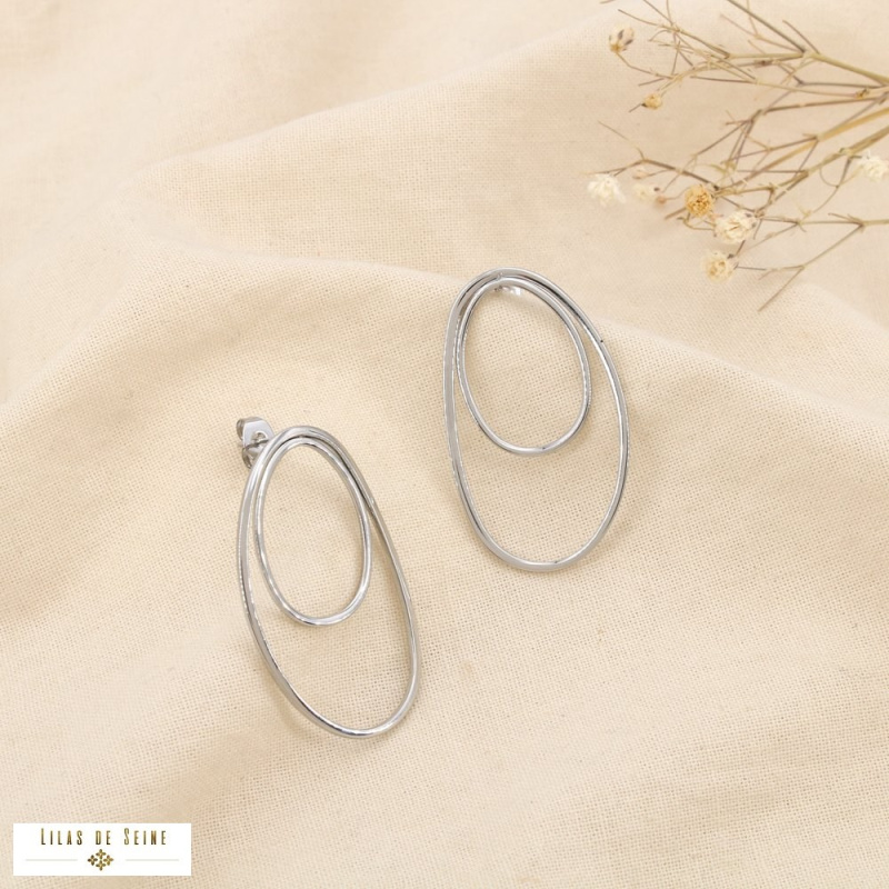 Boucles d’oreilles double ovale acier inoxydable CYNTHIA argenté