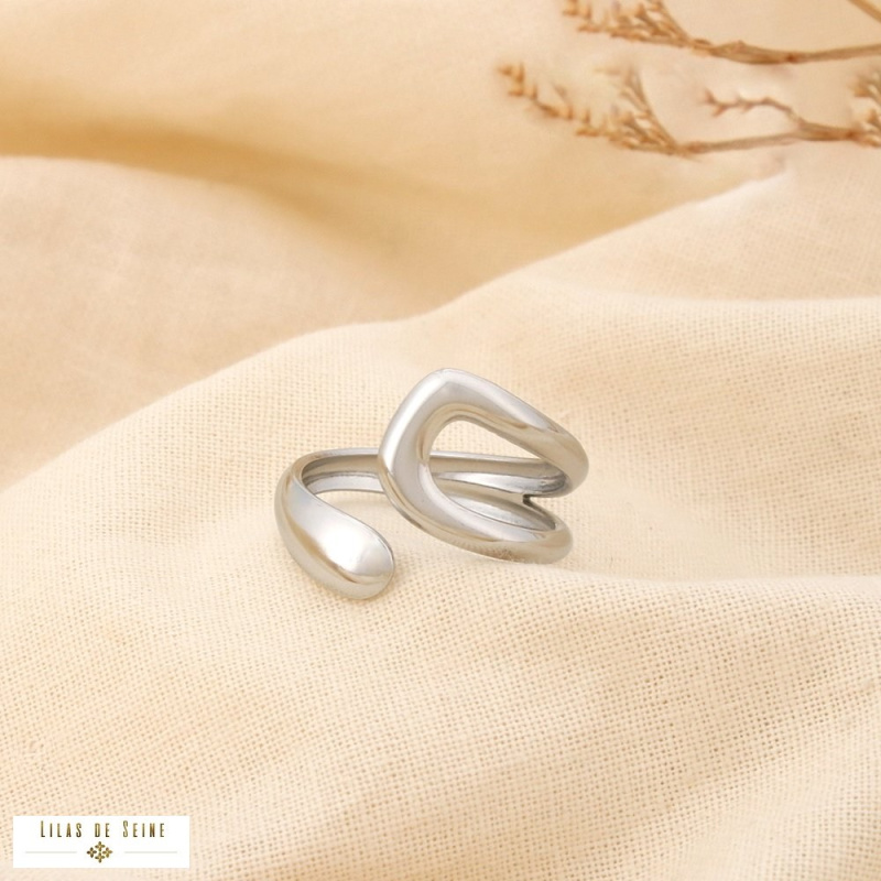 Bague ouverte design sculptural acier inoxydable LEVANA argenté