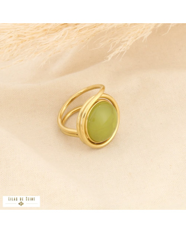 Bague double anneaux acier inoxydable cabochon coloré rétro-chic ELVIRE vert kaki