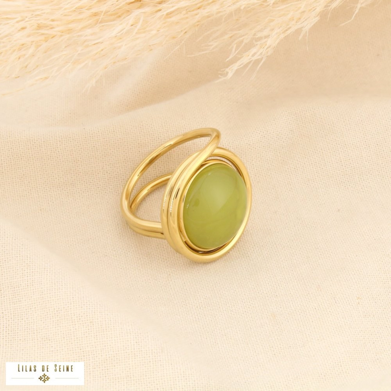 Bague double anneaux acier inoxydable cabochon coloré rétro-chic ELVIRE vert kaki