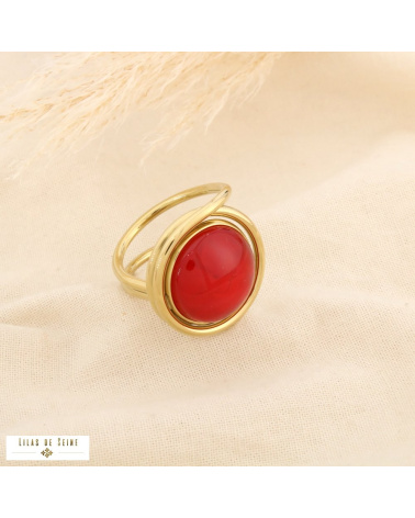 Bague double anneaux acier inoxydable cabochon coloré rétro-chic ELVIRE rouge bordeaux