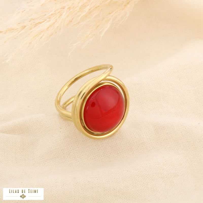 Bague double anneaux acier inoxydable cabochon coloré rétro-chic ELVIRE rouge bordeaux