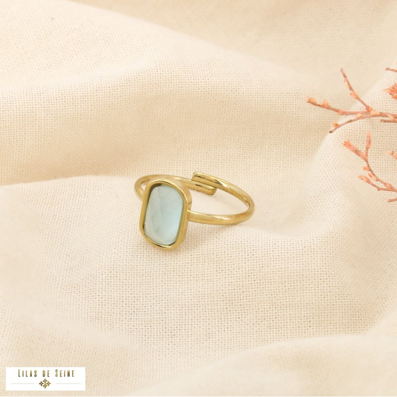 Bague ouverte acier inoxydable cristal facetté SERINE bleu turquoise