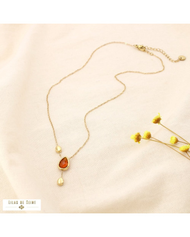 Collier acier inoxydable pendentif goutte cristal facetté SHANNA marron
