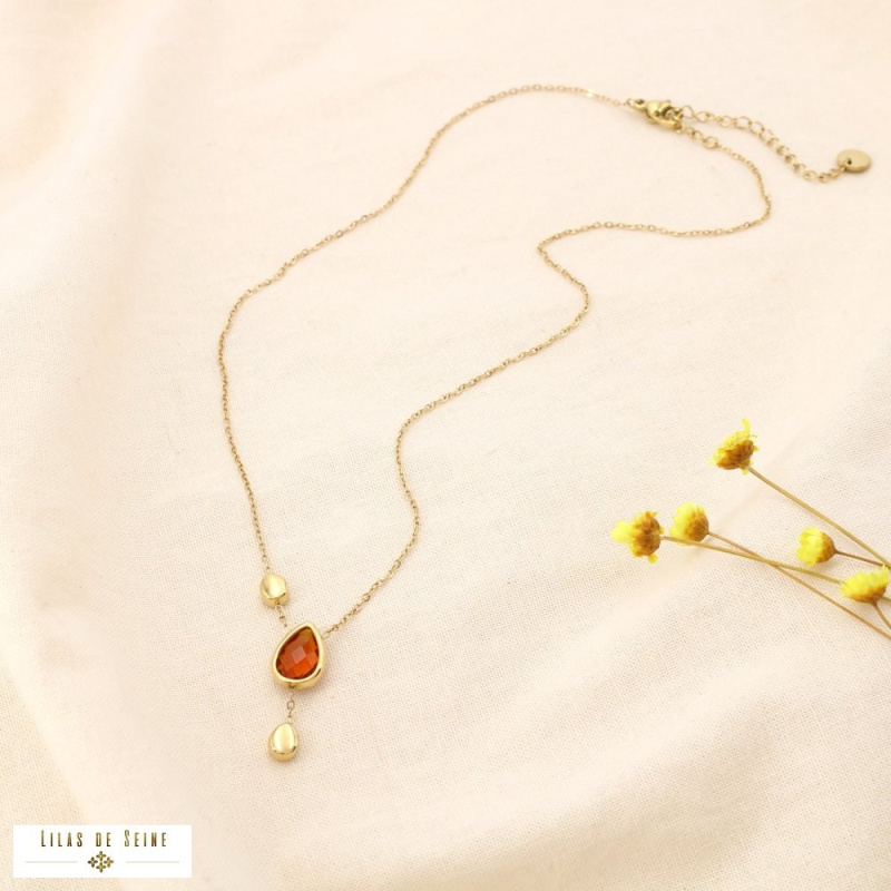 Collier acier inoxydable pendentif goutte cristal facetté SHANNA marron
