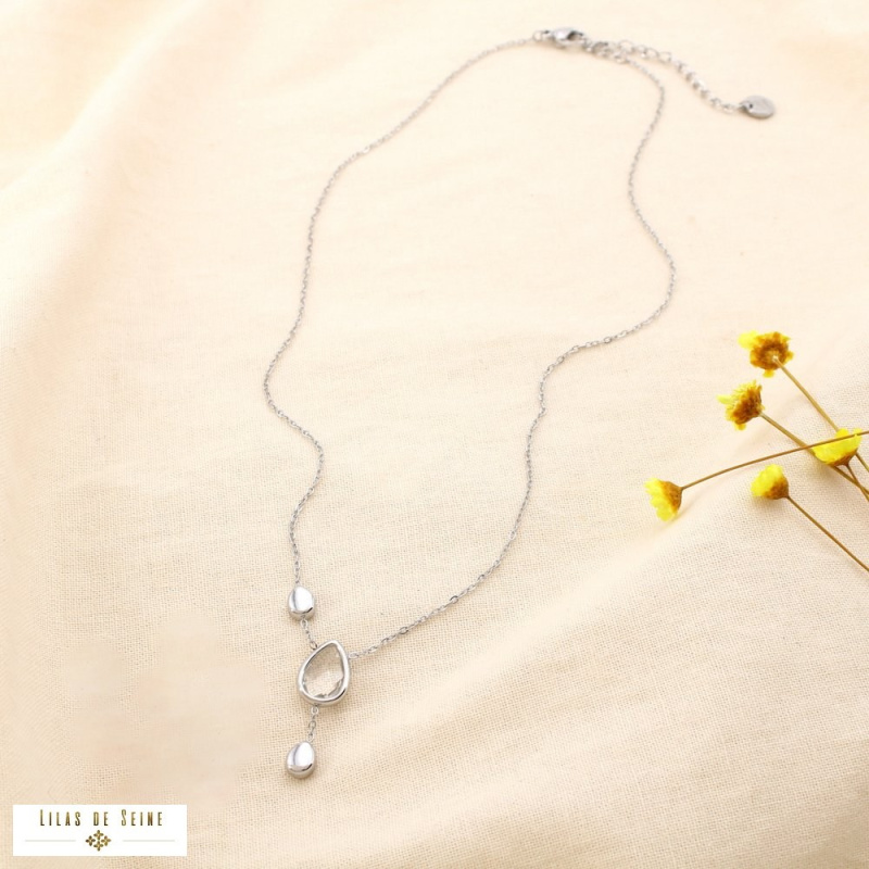 Collier acier inoxydable pendentif goutte cristal facetté SHANNA argenté