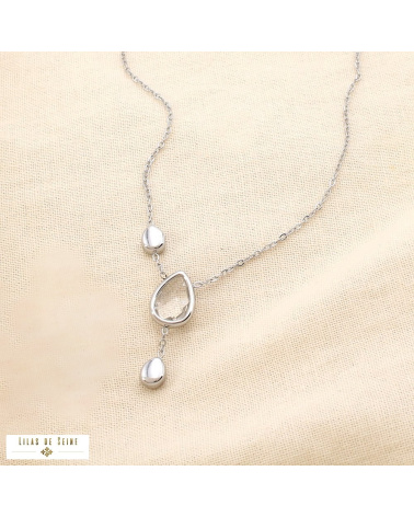 Collier acier inoxydable pendentif goutte cristal facetté SHANNA argenté