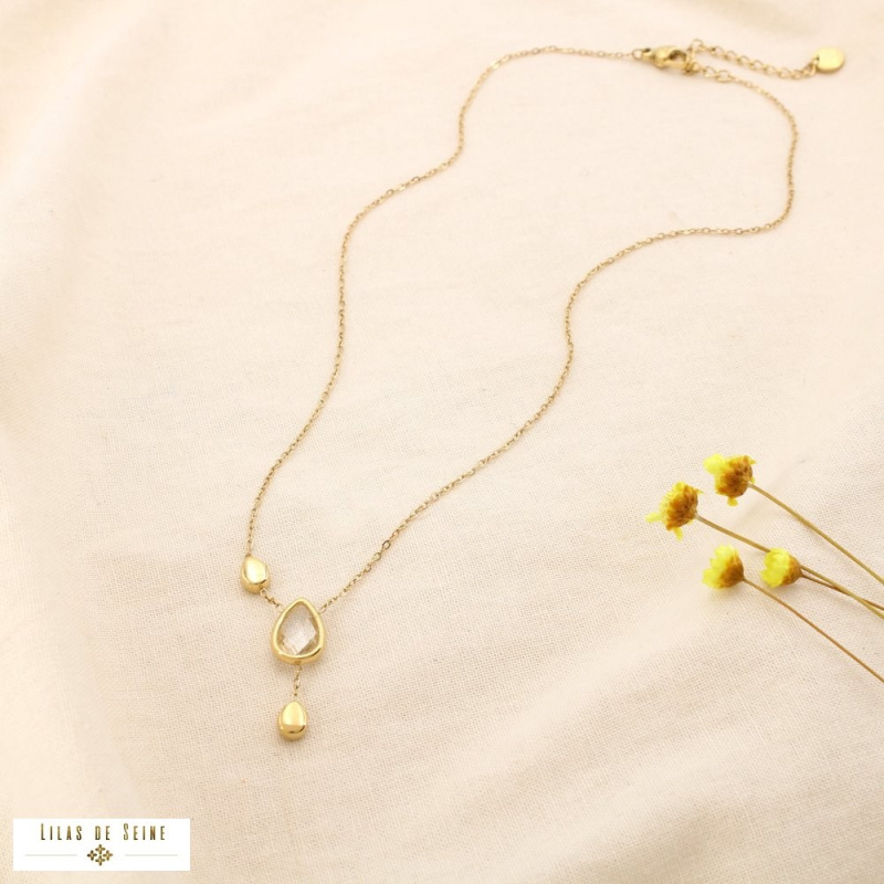 Collier acier inoxydable pendentif goutte cristal facetté SHANNA doré