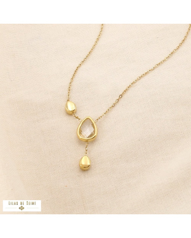 Collier acier inoxydable pendentif goutte cristal facetté SHANNA doré