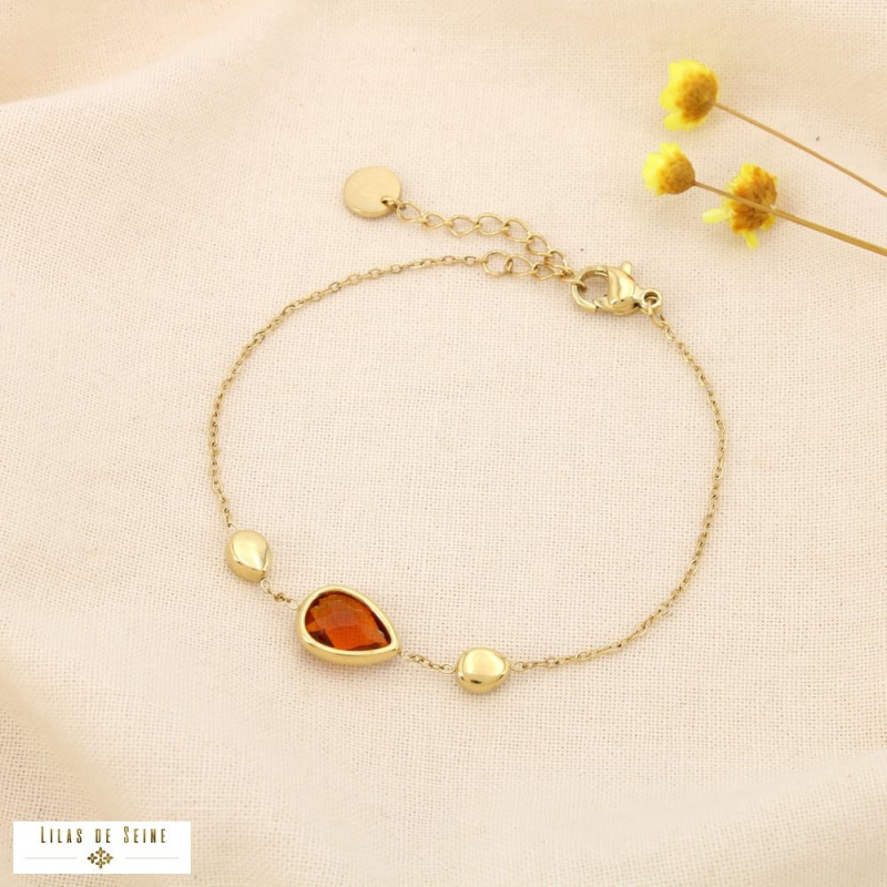 Bracelet acier inoxydable goutte cristal facetté SHANNA marron