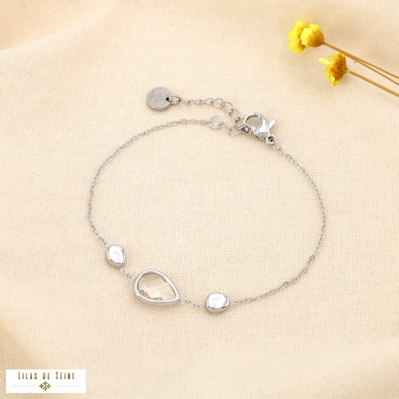 Bracelet acier inoxydable goutte cristal facetté SHANNA argenté
