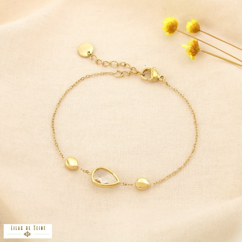 Bracelet acier inoxydable goutte cristal facetté SHANNA doré