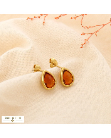 Puces d’oreille acier inoxydable goutte en cristal facetté SHANNA marron
