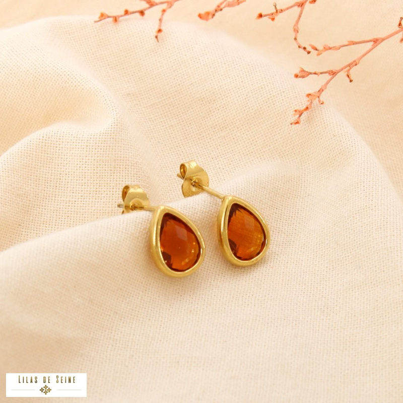 Puces d’oreille acier inoxydable goutte en cristal facetté SHANNA marron
