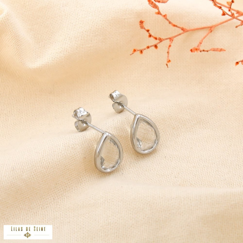 Puces d’oreille acier inoxydable goutte en cristal facetté SHANNA argenté