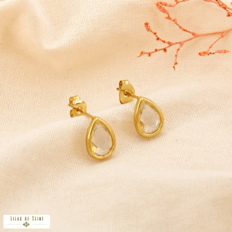 Puces d’oreille acier inoxydable goutte en cristal facetté SHANNA doré