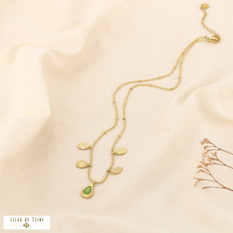 Collier acier inoxydable pampilles goutte “œil de chat” ALISSA vert