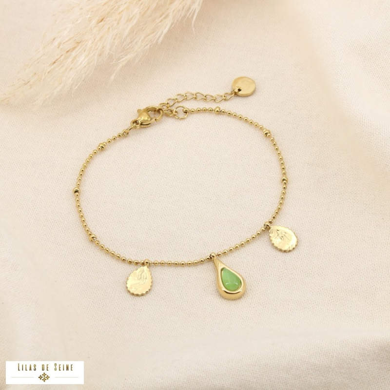 Bracelet acier inoxydable pampilles goutte “œil de chat” ALISSA vert