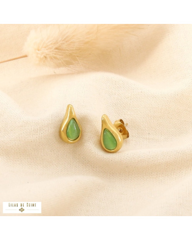 Puces d’oreille acier inoxydable goutte “œil de chat” ALISSA vert