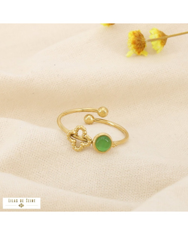 Bague ouverte acier inoxydable trèfle ajouré “œil de chat” KADY vert