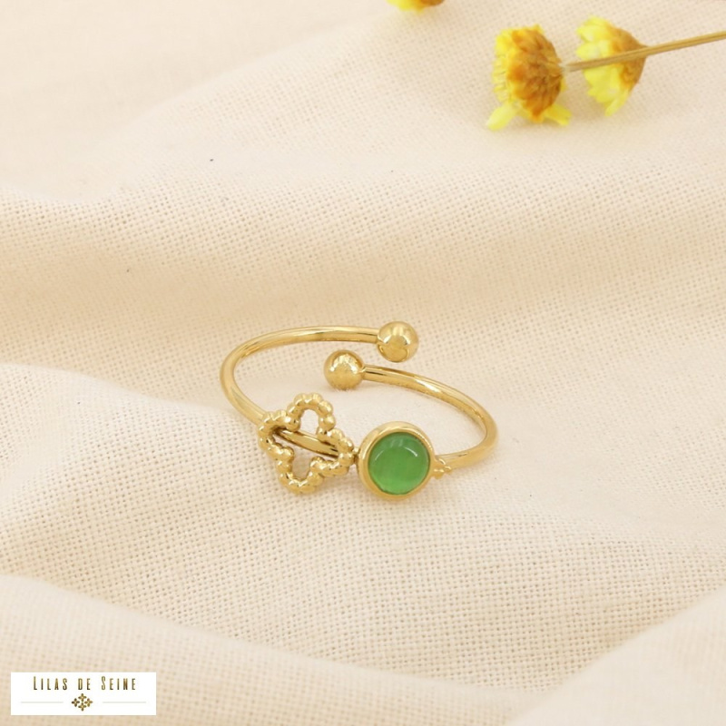 Bague ouverte acier inoxydable trèfle ajouré “œil de chat” KADY vert