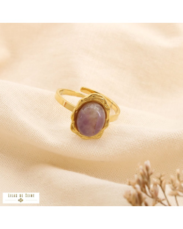 Bague acier inoxydable cabochon ovale pierre nacre naturelle LILIE violet