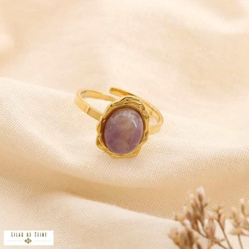 Bague acier inoxydable cabochon ovale pierre nacre naturelle LILIE violet