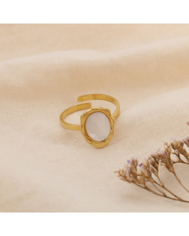 Bague acier inoxydable cabochon ovale pierre nacre naturelle LILIE blanc