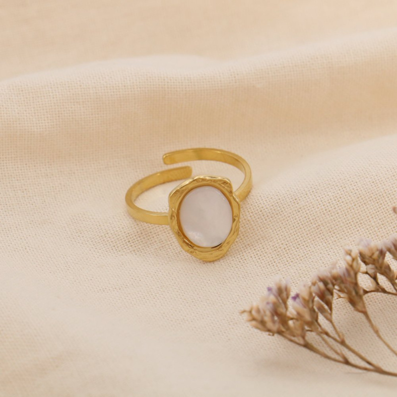 Bague acier inoxydable cabochon ovale pierre nacre naturelle LILIE blanc