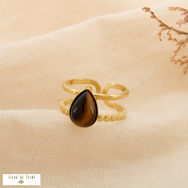 Bague double-anneaux acier inoxydable cabochon goutte naturel DANAE marron