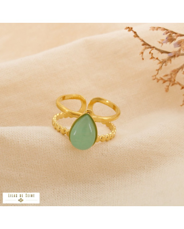 Bague double-anneaux acier inoxydable cabochon goutte naturel DANAE vert
