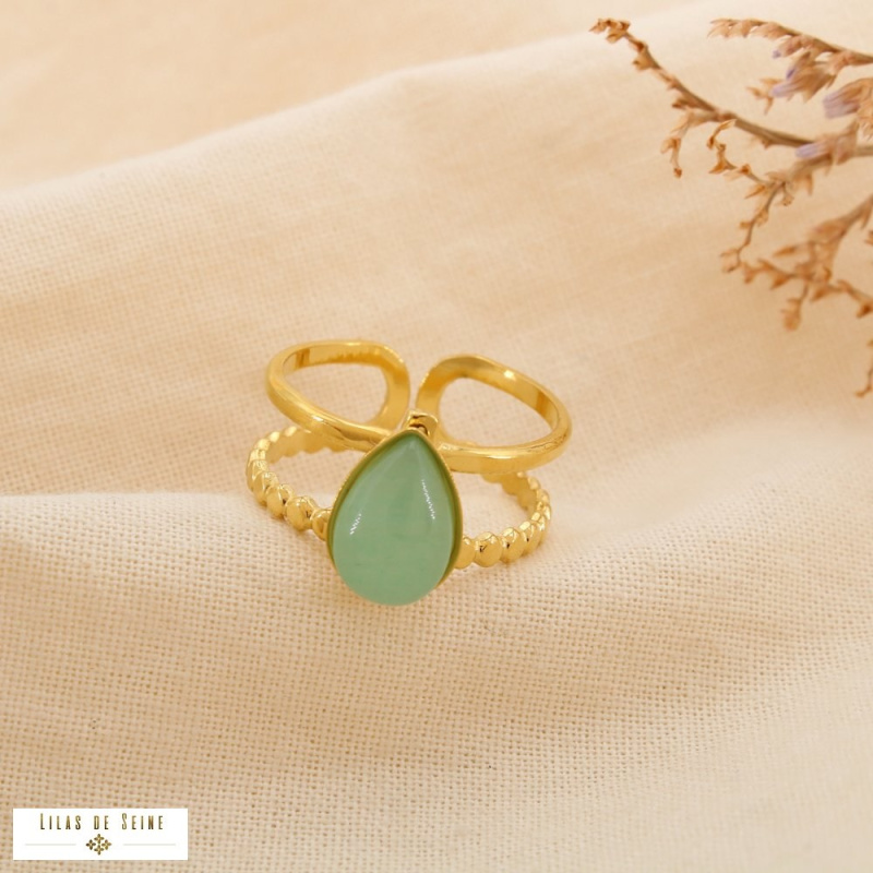 Bague double-anneaux acier inoxydable cabochon goutte naturel DANAE vert