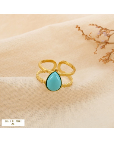 Bague double-anneaux acier inoxydable cabochon goutte naturel DANAE bleu turquoise